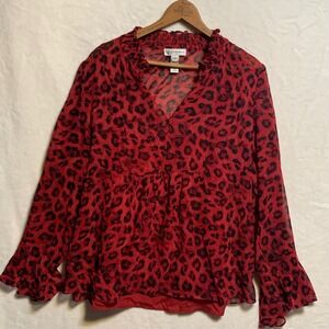 Neiman Marcus Red Black Leopard Animal Print Ruffled Bell Sleeve Blouse Womens L